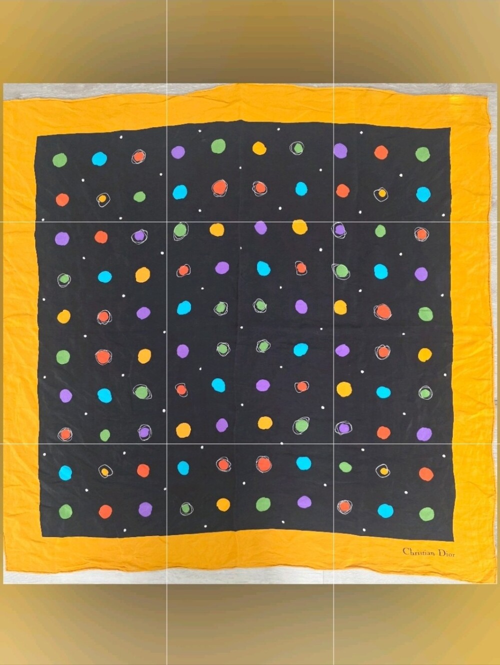 Auth 🎀 Dior Multicolor Polka Dots and Yellow Border Silk Scarf ♋️🎗